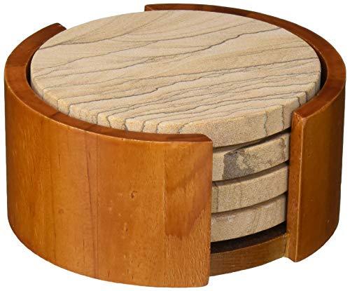 Sandstone Wood Absorbent Coaster, 4 inch round, Desert Sand w/Holder